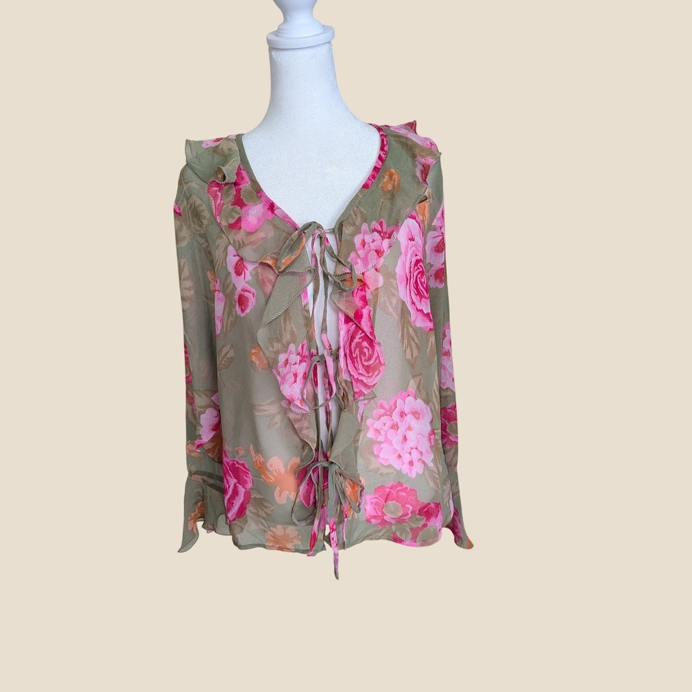 90s Claudia Richard Sheer Floral Ruffle Tie Front Bell Sleeve Fairy Blouse M